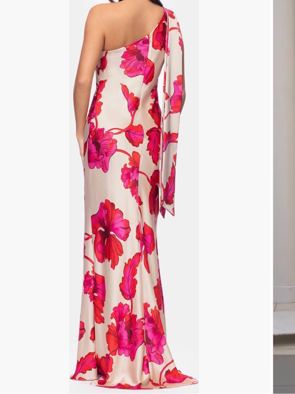 Xscape One-Shoulder Floral Gown in Cream with Pink & Red Blooms - Picture 2 of 3